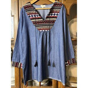 Velzera Aztec Print Tunic Top Women's Large Tassels Southwest Western Ranch